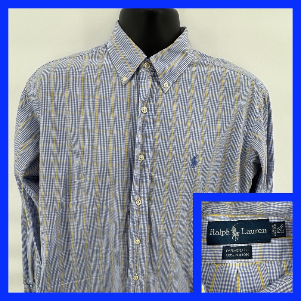 Ralph Lauren Button Down Shirt Mens 15.5 32/33‎ Blue Check Yarmouth Cotton